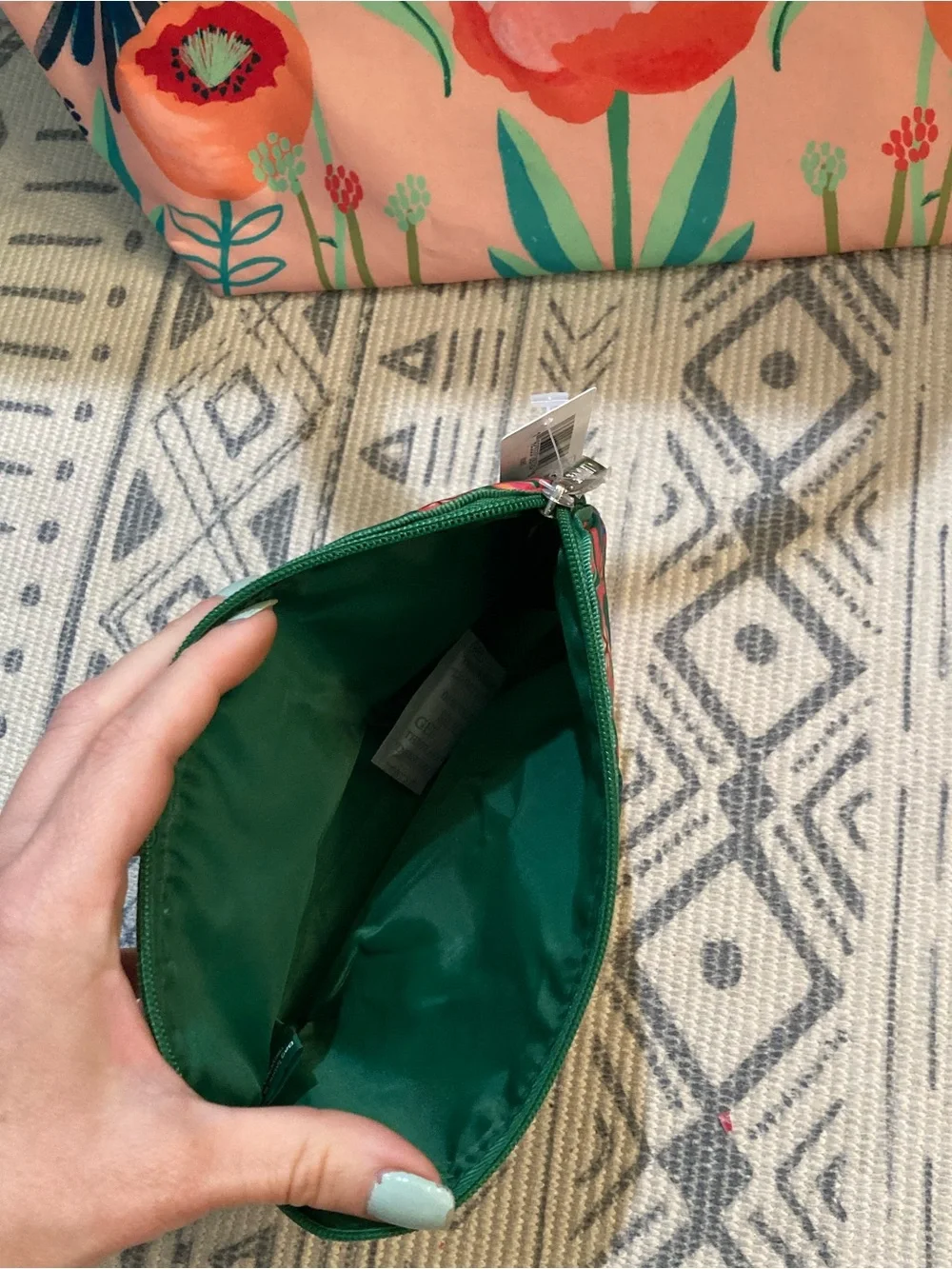 NWT Clinique Floral Green and Coral Tropical Tote and Cosmetic Bags - Set of 2
